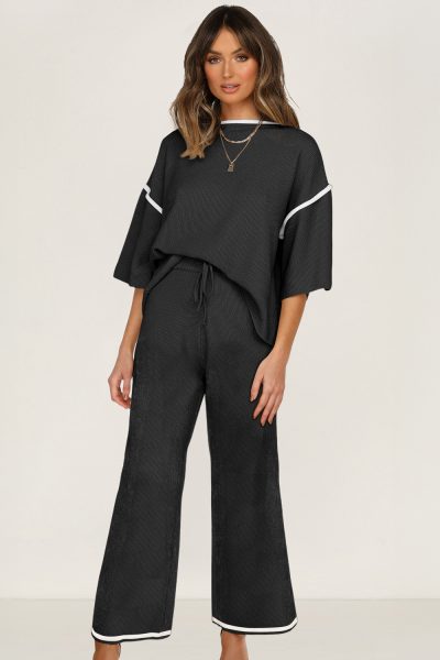 Black Contrast Trim Half Sleeve Top Drawstring Pants Loose 2pcs Sweater Suit