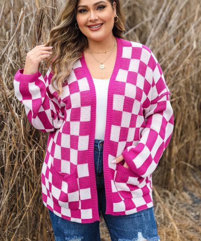 Bonbon Checkered Pattern Open Front Plus Size Cardigan