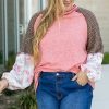 Pink Checkered Paisley Patchwork Raglan Sleeve Seamed Plus Size Top