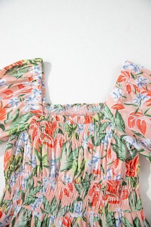 Apricot Pink Floral Smocked Bust Bubble Short Sleeve Maxi Dress - Image 8