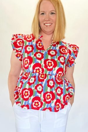 Red Plus Size Floral Print Ruffle Trim Split Neck Peplum Top - Image 3