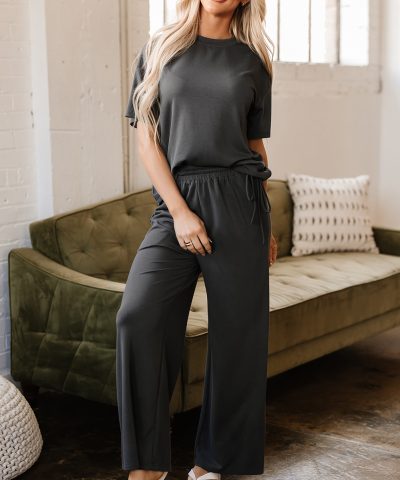 Dark Grey Drawstring Side Crewneck Tee and Loose Pants Set