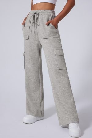 Light Grey Multi Pockets Lace-up High Waist Wide Leg Workout Pants - Image 4
