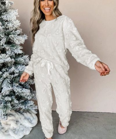 Light Grey Leopard Textured Loose Fit Fleece Lounge Set