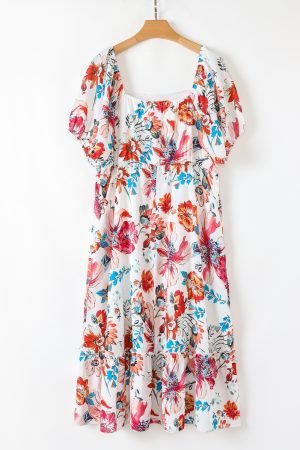 White Floral Square Neck Puff Sleeve Flowy Plus Size Midi Dress - Image 5