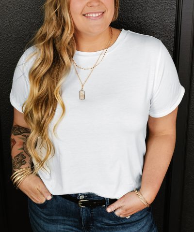 White Round Neck Rolled Sleeve Plus Size T-shirt