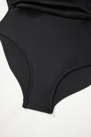 Black U Neck Adjustable Straps Knotted Skirt Patchwork One Piece Swimsuit - Image 8