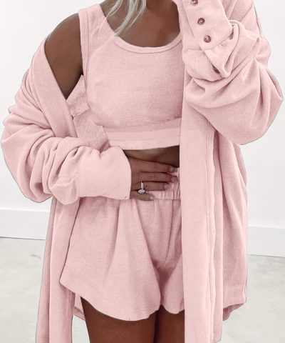 Light Pink 3 Pcs Crop Tank Top Shorts with Cardigan Lounge Set