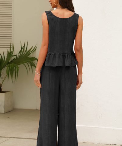 Black Solid Color Ribbed Ruffle Tank Top and Pants Set