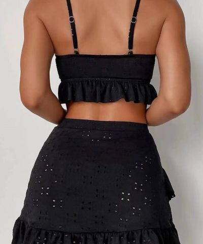 Black Eyelet Pattern Knotted Ruffle Trim 3pcs Bikini Set