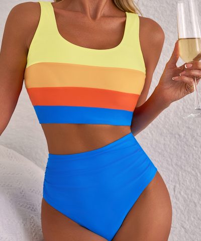 Blue Colorblock Square Neck Top Pleated High Waisted Bikini