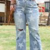 Sky Blue Star Printed Multi Buttons Slit Knee Destroyed Plus Size Jeans