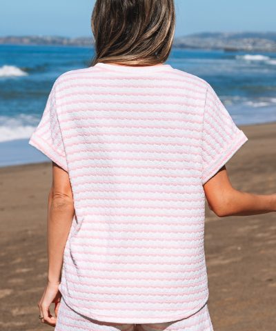 Pink Stripe Knitted Short Sleeve Top and Drawstring Shorts Set