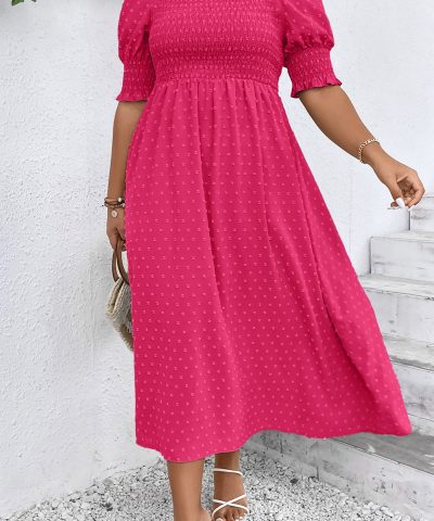 Sachet Pink Swiss Dot Smocked Frilled Neckline Short Sleeve Plus Size Dress