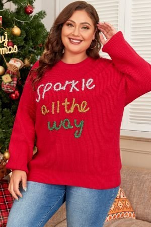 Racing Red Sparkle All The Way Tinsel Crew Neck Plus Size Sweater - Image 6