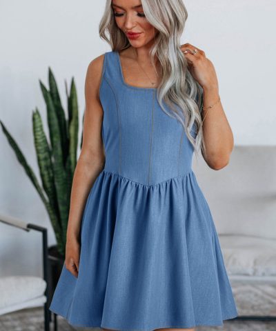 Myosotis Square Neck Pleated Waist V Cut Backless Tied Fit and Flare Dress