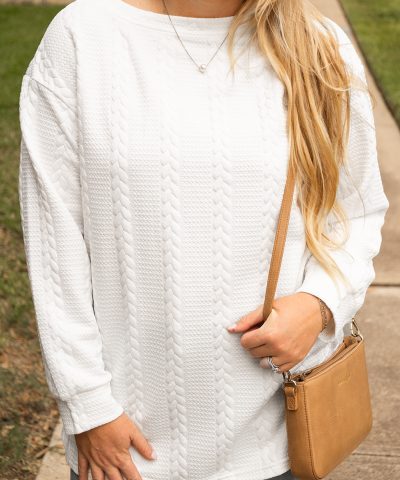 White Cable Textured Loose Plus Size Sweatshirt