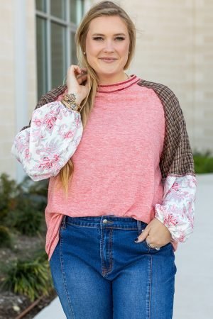 Pink Checkered Paisley Patchwork Raglan Sleeve Seamed Plus Size Top - Image 7