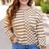 Khaki Striped Checkered Mixed Print Chest Pocket Casual Plus Size Top