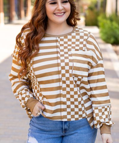 Khaki Striped Checkered Mixed Print Chest Pocket Casual Plus Size Top