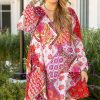 Rose Mixed Floral Long Sleeve V Neck Lace-up Hollowed Back Plus Size Dress