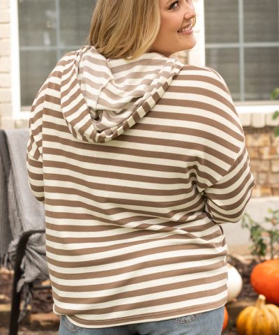 Brown Stripe Quarter Buttons Drop Sleeve Plus Size Hoodie