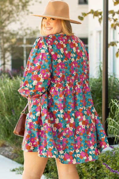 Sky Blue Plus Size Floral Print Shirred Ruffle Tiered Mini Dress