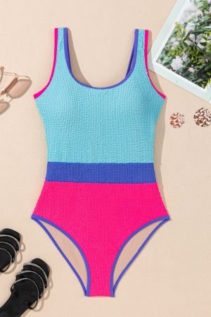 Rose Red Textured Color Block Patchwork One Piece Swimsuit - Image 6