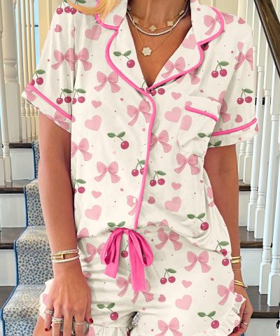 Beige Bow Fruit Print Contrast Pipping Short Pajamas Set