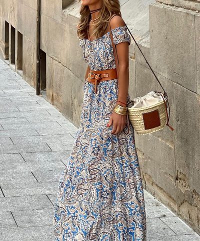 Blue Boho Paisley Print Off Shoulder Maxi Dress