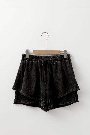 Black Mineral Wash French Terry Drawstring Elastic Waistband Casual Shorts - Image 6