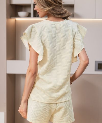 Apricot Textured Ruffled Sleeve Tee and Drawstring Shorts Set