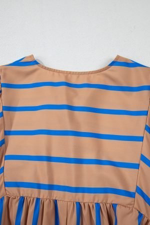 Khaki Stripe Contrast Striped Print 3/4 Sleeve Babydoll Plus Size Dress - Image 8