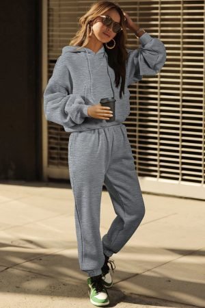 Gray Solid Drop Shoulder Hoodie and Joggers Activewear Set - Image 5