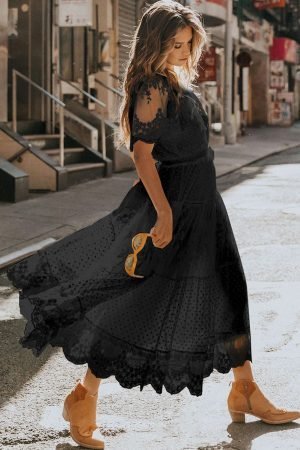 Black Dotty Lace Mesh Flowy Maxi Dress - Image 3