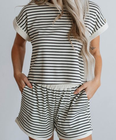 White Stripe Contrast Edge Tee and Shorts Set
