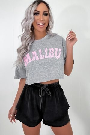 Black Mineral Wash French Terry Drawstring Elastic Waistband Casual Shorts - Image 2