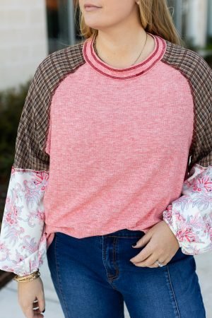 Pink Checkered Paisley Patchwork Raglan Sleeve Seamed Plus Size Top - Image 2