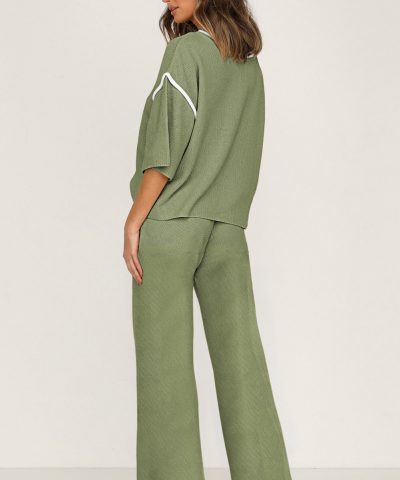 Guacamole Green Contrast Trim Half Sleeve Top Drawstring Pants Loose 2pcs Sweater Suit