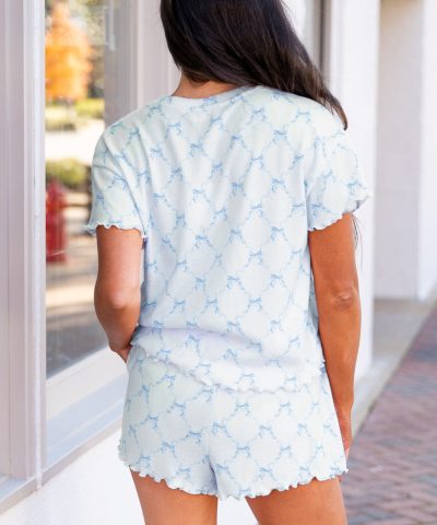 Sky Blue Bow Knot Geometric Print Lettuce Trim Two Piece Lounge Set