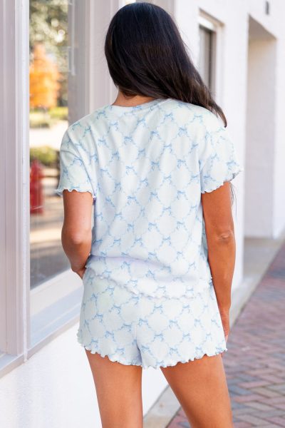 Sky Blue Bow Knot Geometric Print Lettuce Trim Two Piece Lounge Set