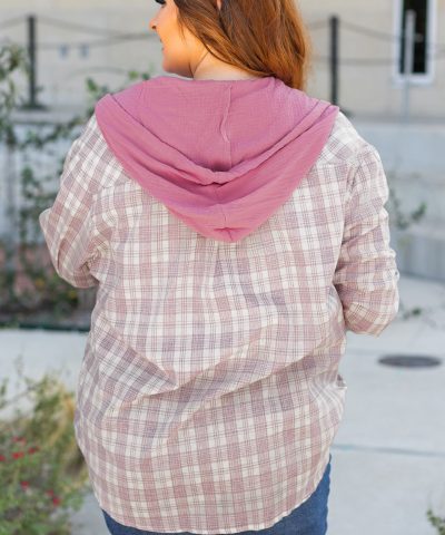 Bonbon Plaid Print Drawstring Hooded Button-up Plus Size Shirt