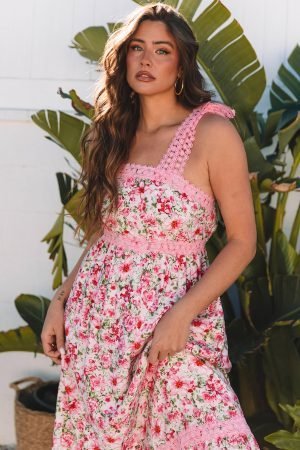 Alternative view of Pink Floral Lace Tied Strap Empire Waist Maxi Dress