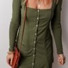 Guacamole Green Rib Knit Square Neck Buttoned Long Sleeve Mini Dress