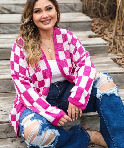Bonbon Checkered Pattern Open Front Plus Size Cardigan