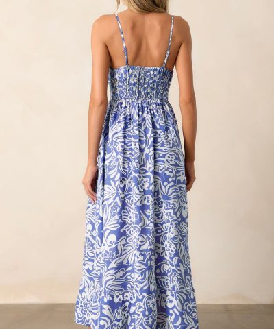 Sky Blue Floral Print Spaghetti Strap High Waist Maxi Dress