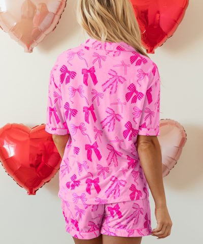 Pink Bow Print Half Sleeve Shirt and Shorts Pajamas Set