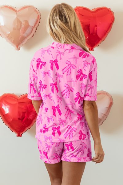 Pink Bow Print Half Sleeve Shirt and Shorts Pajamas Set