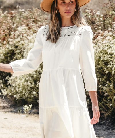 White Floral Lace Patchwork Bracelet Sleeve Tiered Mini Dress