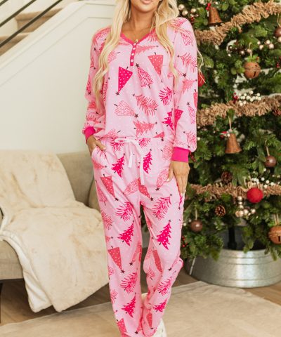 Pink Christmas Tree Print V Neck Buttoned Pullover and Drawstring Pants Lounge Set